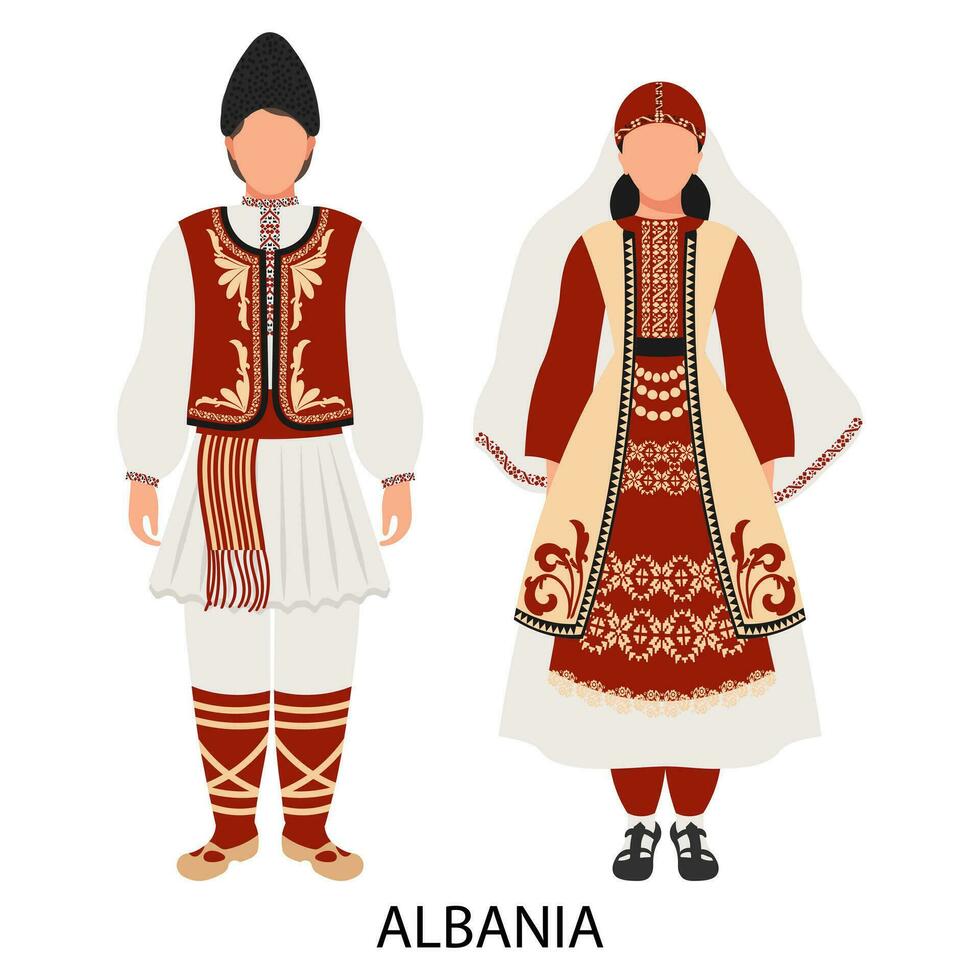 man och kvinna, par i nian folk kostymer. kultur och traditioner av albanien. illustration, vektor