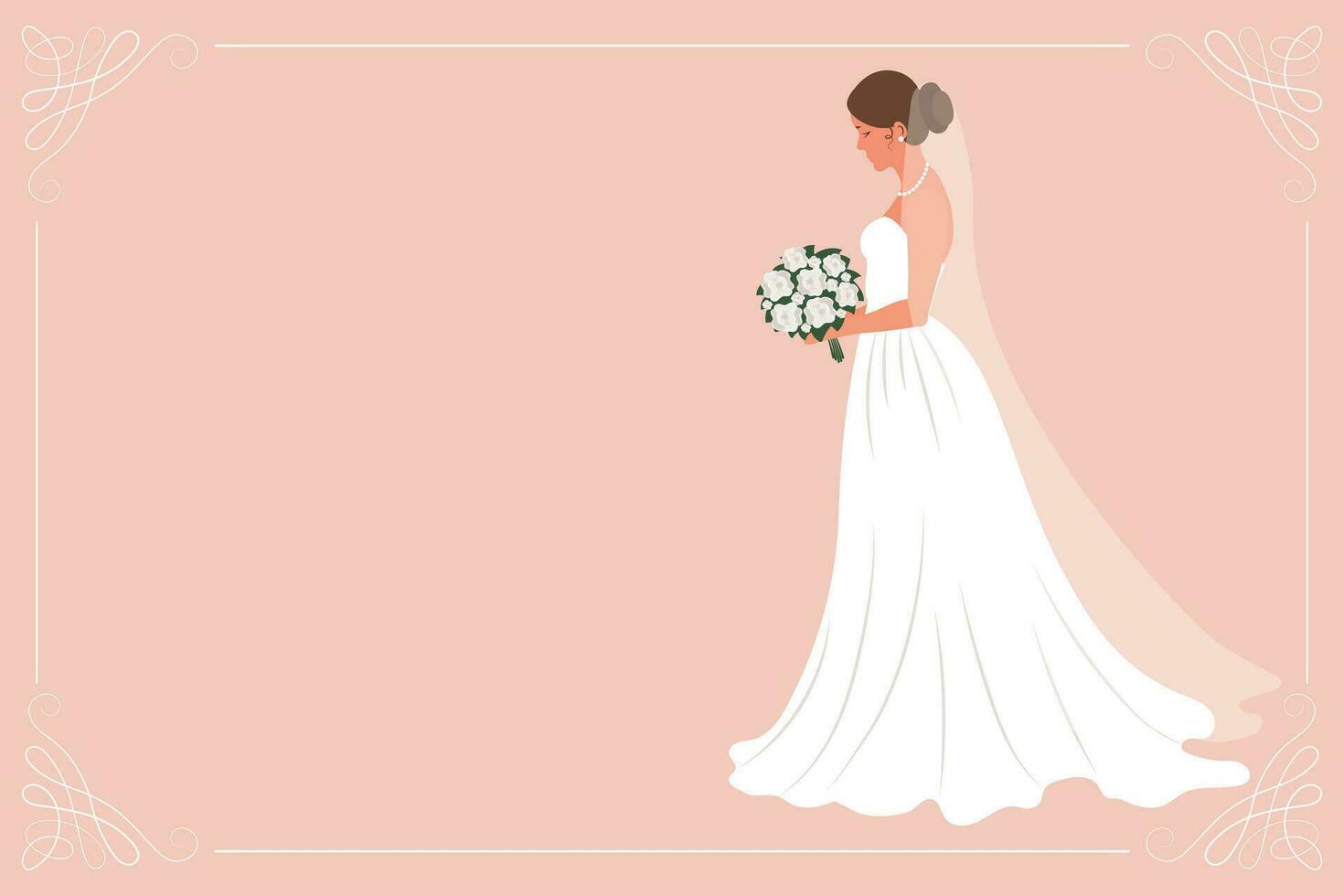 brud i en vit bröllop klänning med en bukett av blommor. lyx bröllop baner mall för inbjudan. illustration, vektor