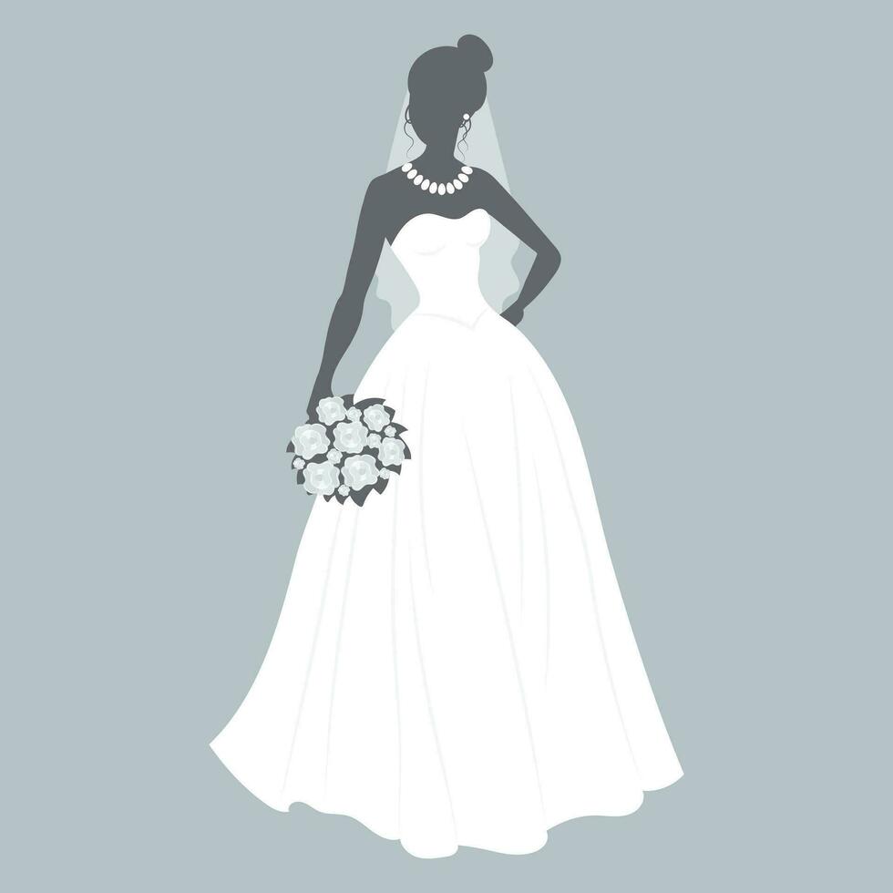 Braut im ein Hochzeit Kleid mit ein Strauß von Blumen. Luxus Hochzeit Illustration, Vorlage zum Einladung, Vektor