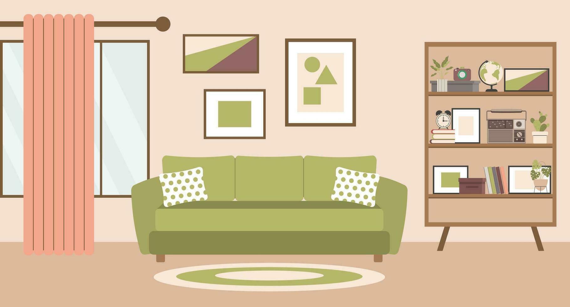 levande rum med soffa, Hem växter på de bedside tabell, fönster, bokhylla och målningar på de vägg. platt interiör i minimal stil, vektor