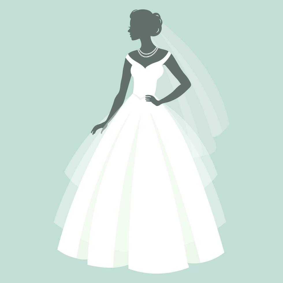 brud i en bröllop klänning, silhuett. lyx bröllop illustration, mall för inbjudan, kort. illustration, vektor