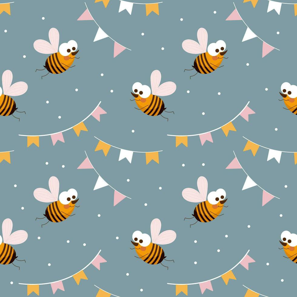 sömlös mönster, söt tecknad serie bin och festlig kransar med flaggor på en delikat bakgrund. tecknad serie bebis skriva ut, textil, barns sovrum dekor. vektor