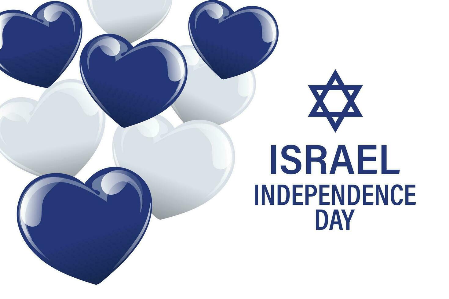 Unabhängigkeit Tag Israel. Banner mit Blau und Weiß Luftballons Herzen, israelisch Flaggen. Illustration, Vektor
