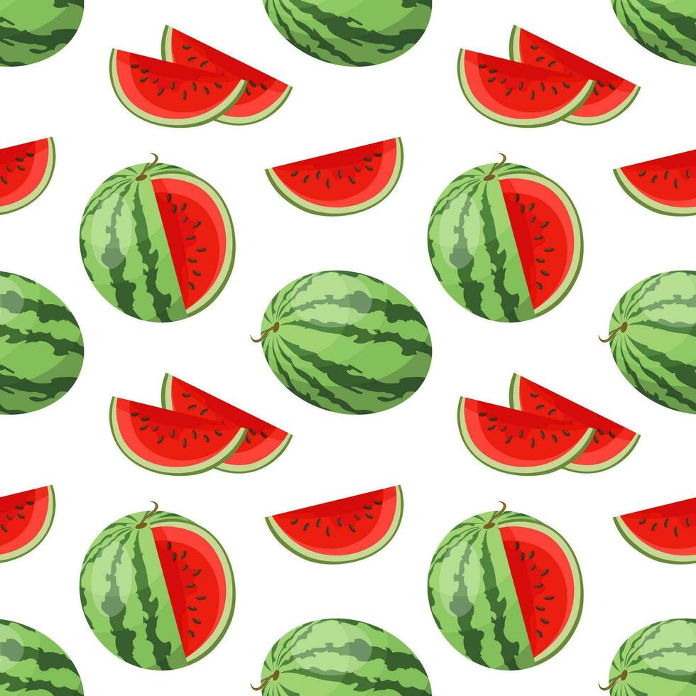 sömlös mönster, hela och skära vattenmelon på en vit bakgrund. frukt bakgrund, skriva ut, vektor