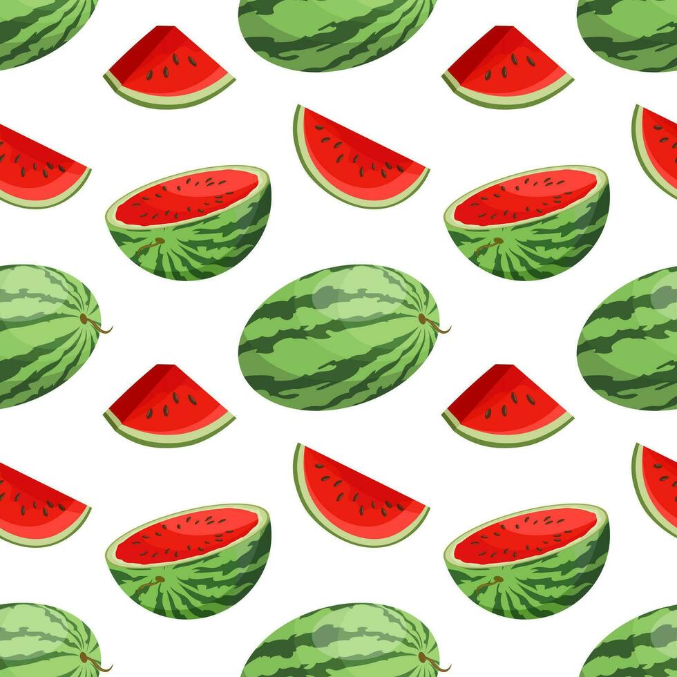 nahtlos Muster, ganze und Schnitt Wassermelone auf ein Weiß Hintergrund. Obst Hintergrund, drucken, Vektor