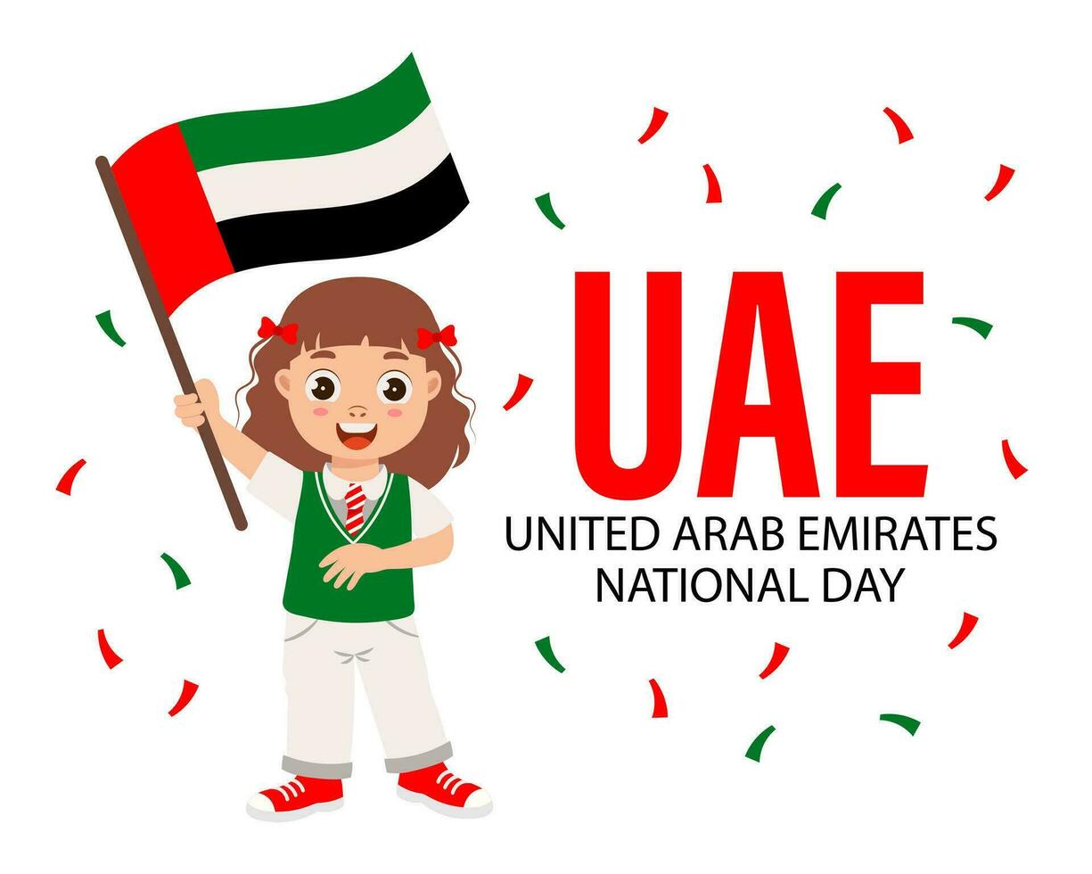 uae oberoende dag, uae nationell dag. söt liten flicka med uae flagga. baner, affisch, vektor