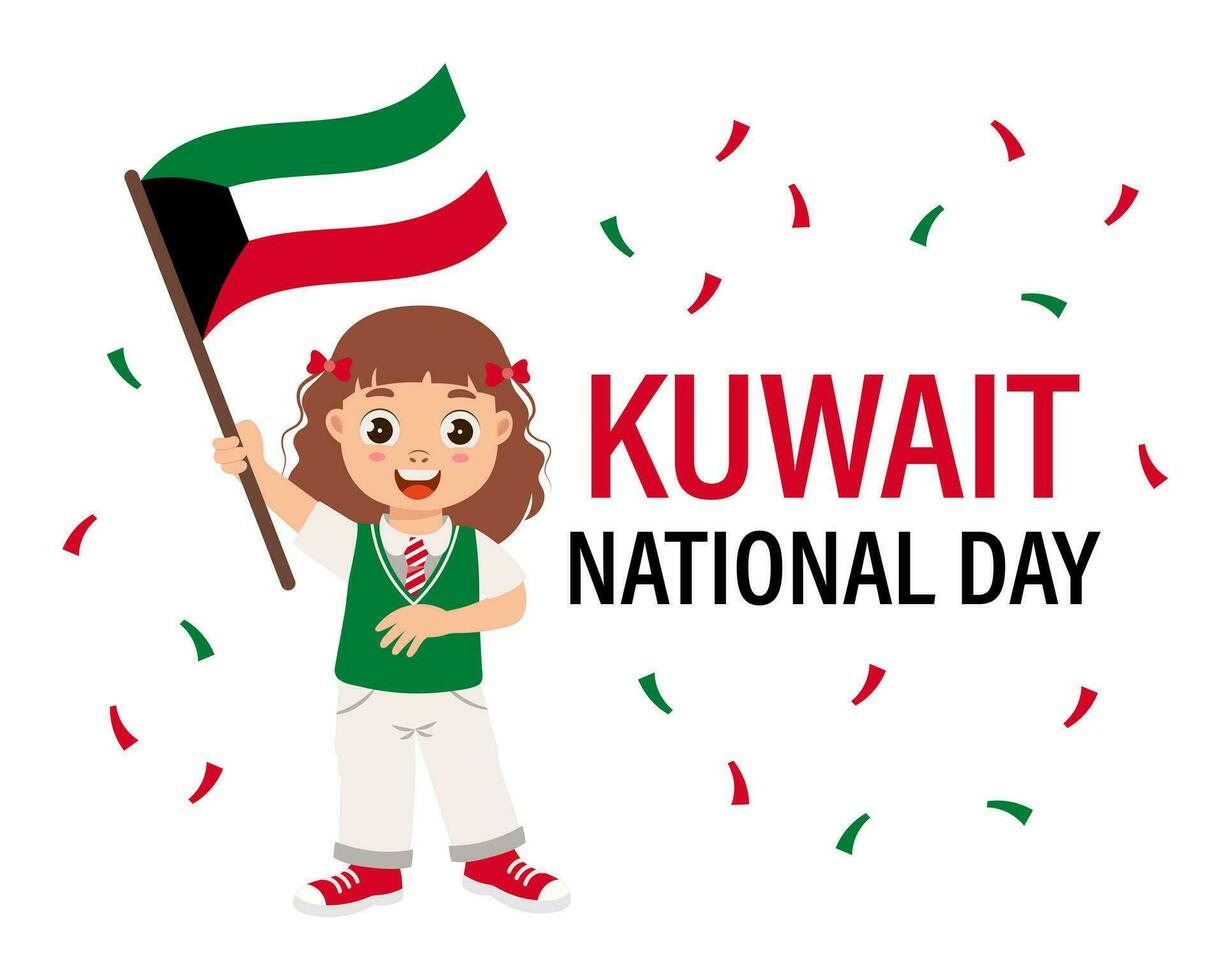 kuwait oberoende dag, kuwait nationell dag. söt liten flicka med kuwait flagga och konfetti. affisch, vektor