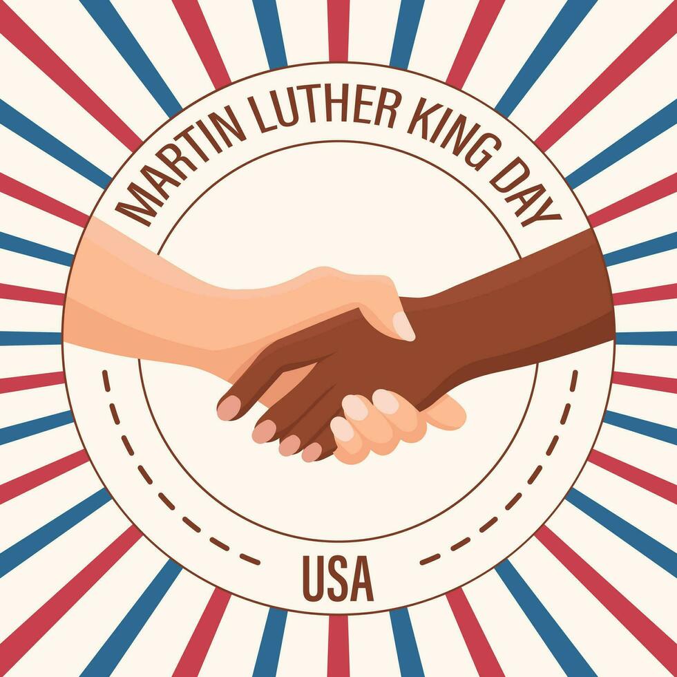 Martin Luther König jr. Tag Gruß Karte Design. mlk Tag. Handschlag von Weiß und schwarz Haut Hände. Vektor