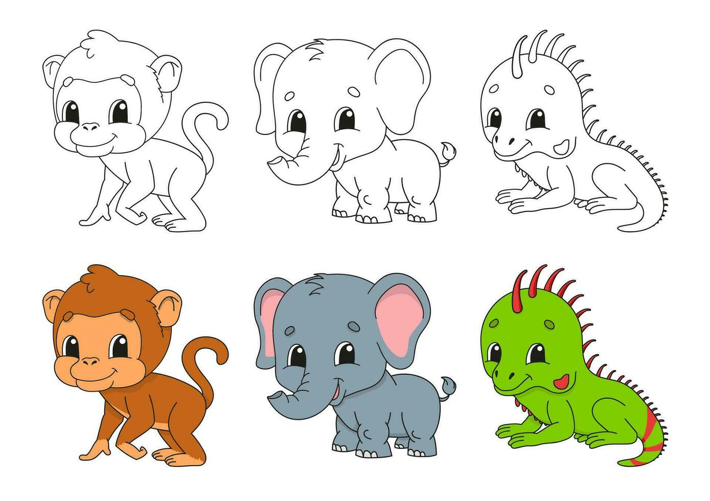 uppsättning färg sida för ungar. söt tecknad serie tecken. svart stroke. med prov. ljus klistermärken. vektor illustration.