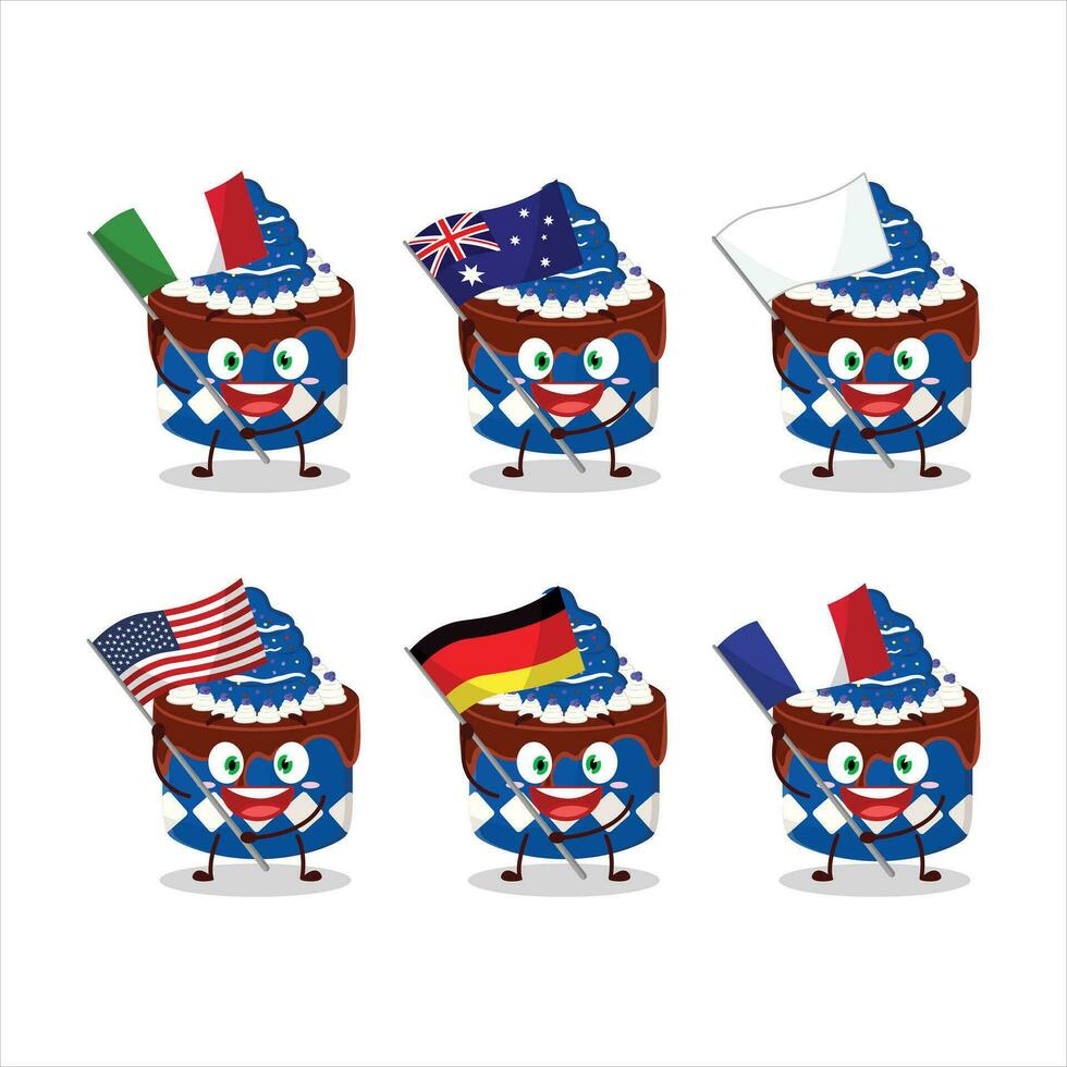 söt kaka blåbär tecknad serie karaktär föra de flaggor av olika länder vektor