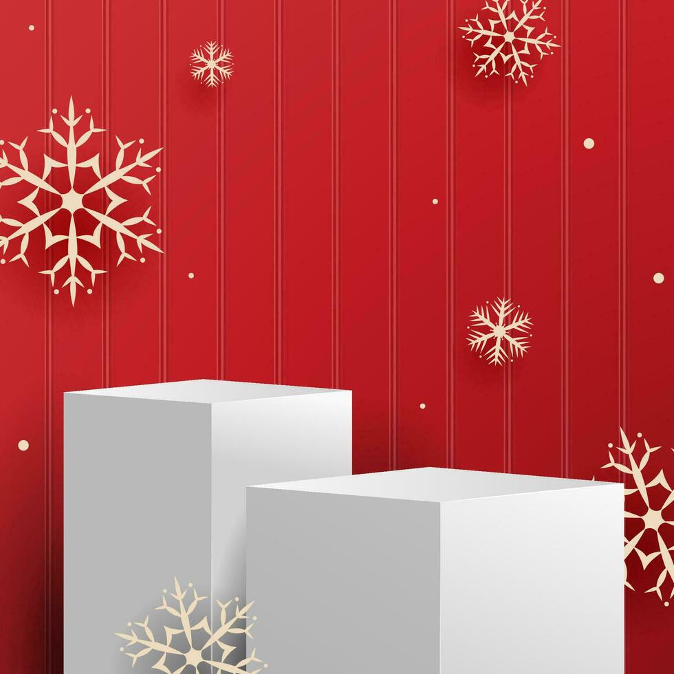 abstrakt minimal falsk upp scen. geometri vit podium för visa kosmetisk produkt visa. skede piedestal eller plattform. vinter- jul röd bakgrund med snöflingor. 3d vektor