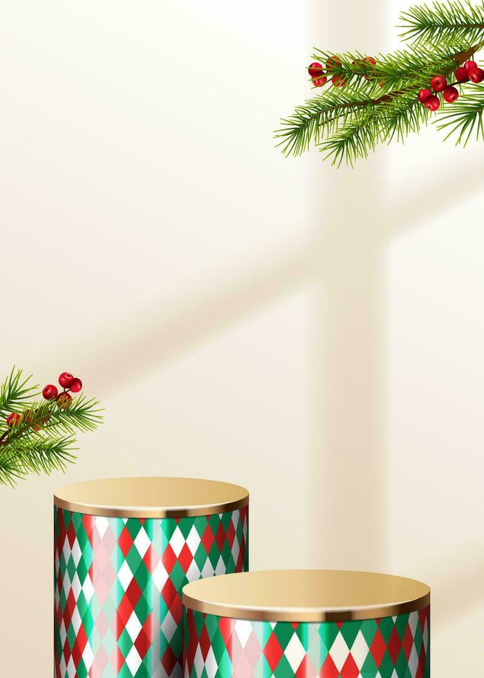 abstrakt falsk upp vertikal scen. sömlös mönster och guld metall podium för visa kosmetisk produkt visa. skede piedestal eller plattform. vinter- jul röd bakgrund med fönster ljus. 3d vektor