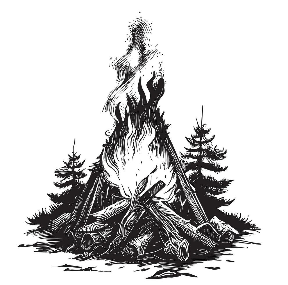 Lagerfeuer im das Wald Hand gezeichnet skizzieren Vektor Illustration Camping