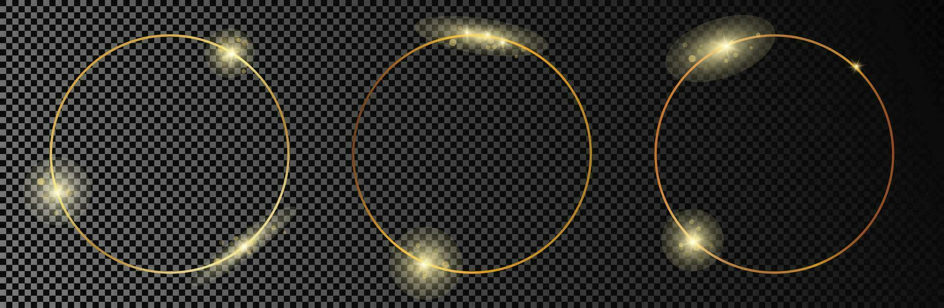 einstellen von drei Gold glühend Kreis Frames isoliert auf dunkel Hintergrund. glänzend Rahmen mit glühend Auswirkungen. Vektor Illustration.