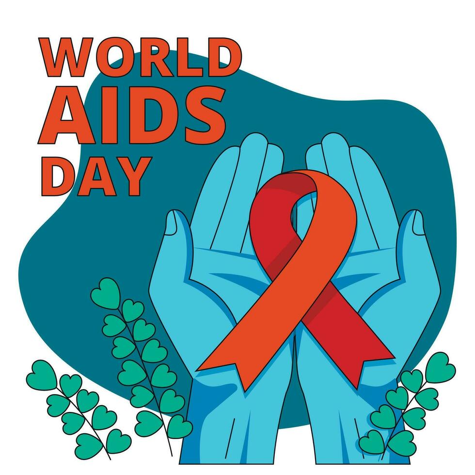 internationell AIDS dag. illustration med händer innehav röd band symbol. vektor grafisk.