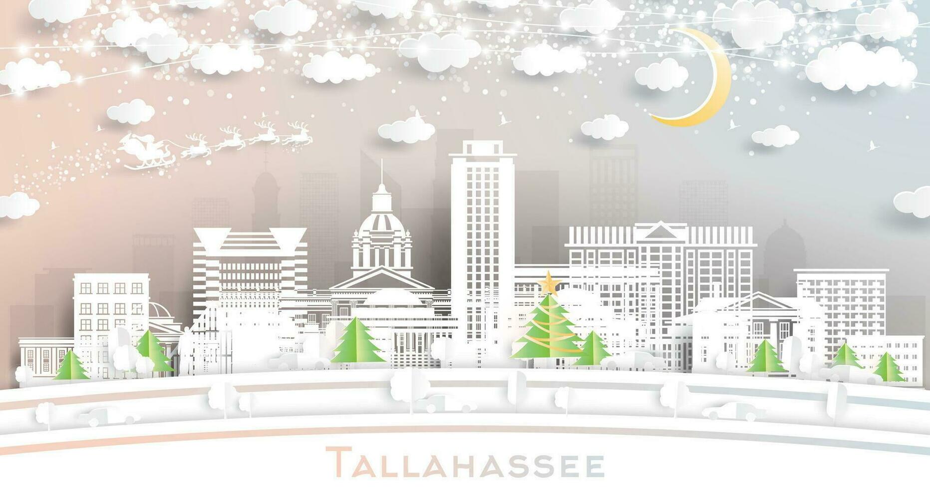 Tallahassee Florida. Winter Stadt Horizont im Papier Schnitt Stil mit Schneeflocken, Mond und Neon- Girlande. Weihnachten, Neu Jahr Konzept. Santa Klaus. Tallahassee USA Stadtbild mit Sehenswürdigkeiten. vektor