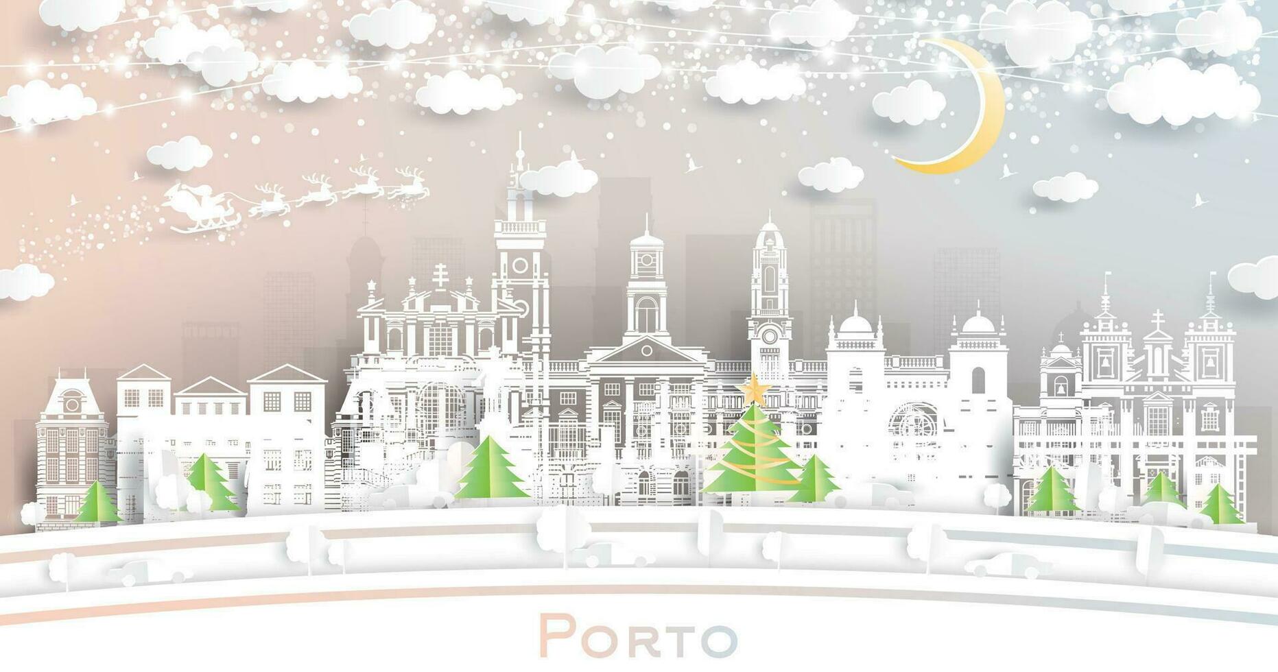 porto Portugal. Winter Stadt Horizont im Papier Schnitt Stil mit Schneeflocken, Mond und Neon- Girlande. Weihnachten, Neu Jahr Konzept. porto Stadtbild mit Sehenswürdigkeiten. vektor