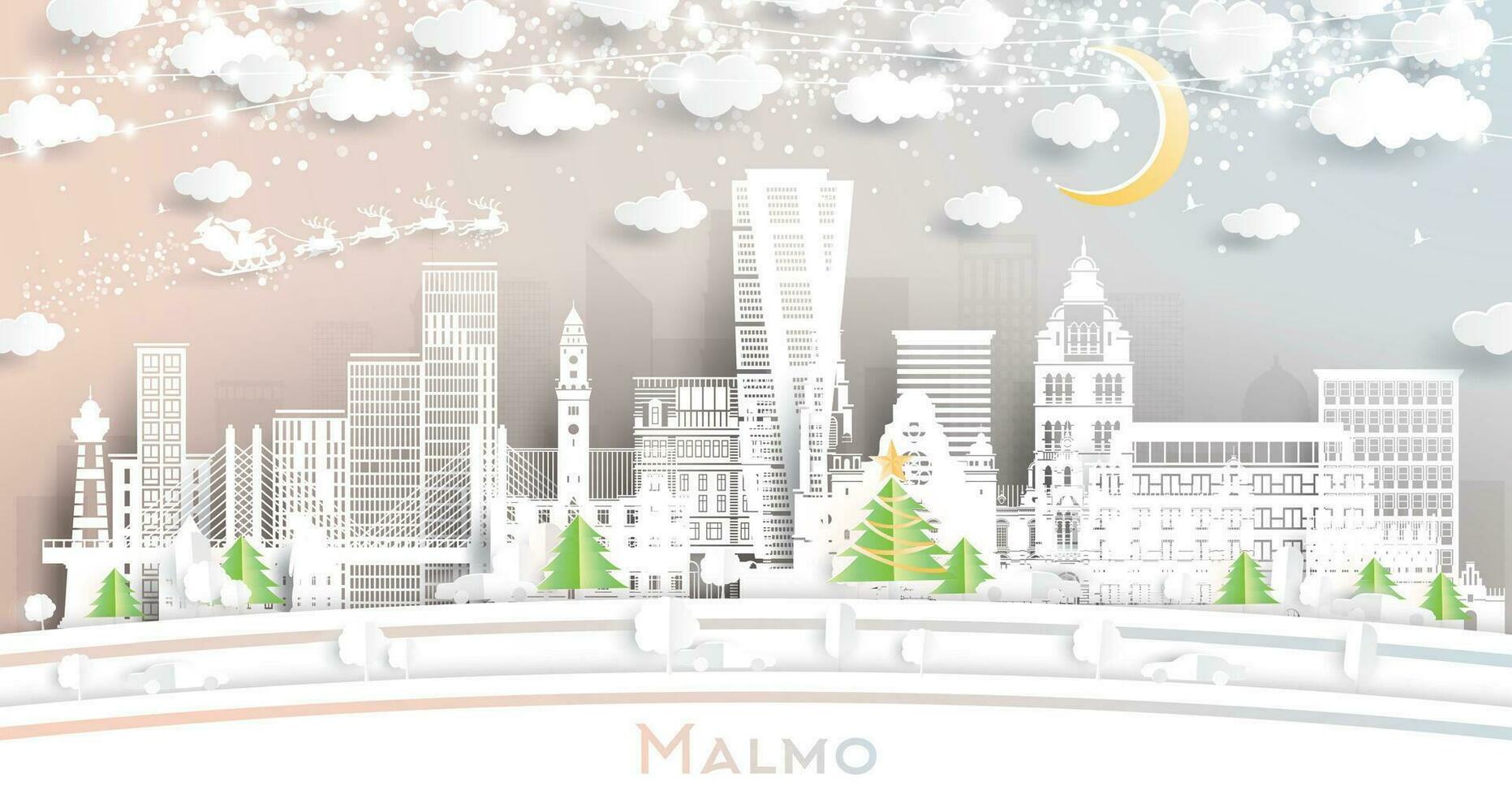 Malmö Schweden. Winter Stadt Horizont im Papier Schnitt Stil mit Schneeflocken, Mond und Neon- Girlande. Weihnachten, Neu Jahr Konzept. Malmö Stadtbild mit Sehenswürdigkeiten. vektor