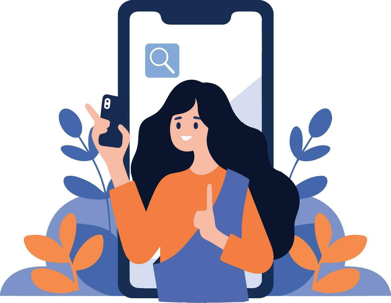 hand dragen kvinna karaktär talande med smartphone i uppkopplad kommunikation begrepp i platt stil vektor