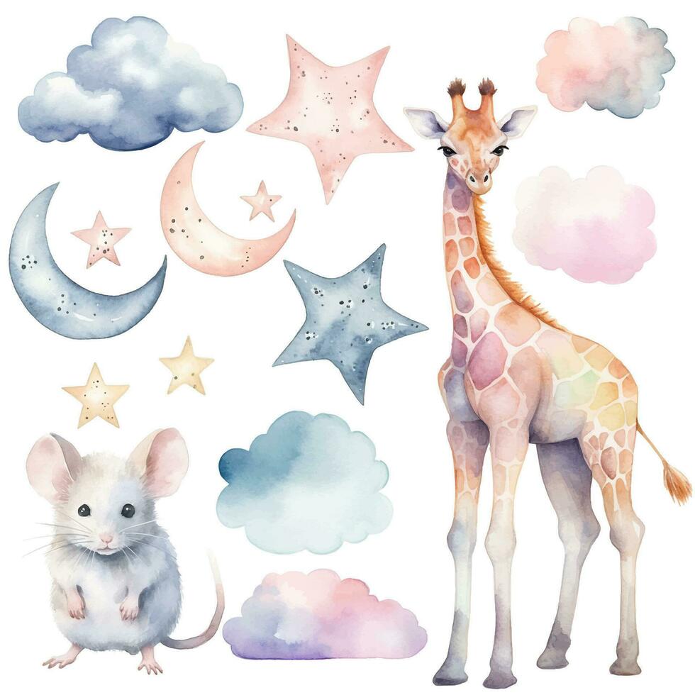 vattenfärg giraff och mus uppsättning. vektor hand dragen moln, måne, stjärnor, barnkammare element, vägg klistermärken.