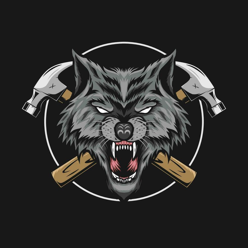 Wolf Maskottchen mit Kreuz Hammer Illustration vektor