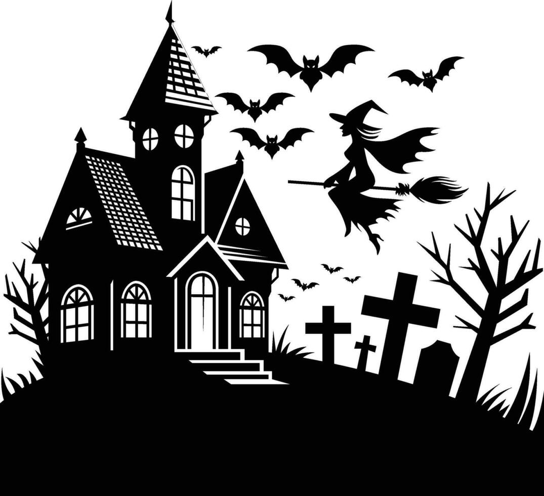 alt verfolgt Haus mit Fledermäuse fliegend um, ein Friedhof im das Vorderseite, und ein Silhouette von ein Hexe auf ein Besen, Lager Vektor Bild, Halloween thematisch Vektor Illustration.