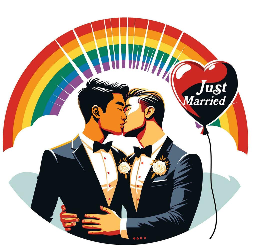 lgbt Ehe illustrieren zwei Männer im Anzüge halten Hände und küssen mit ein Regenbogen Hintergrund und das Wörter gerade verheiratet im ein Herz geformt Ballon Vektor Bild