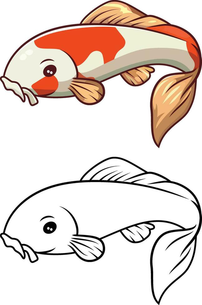 Koi Fisch Karikatur Vektor Illustration, Amur Karpfen Cyprinidae Glücklich Fisch farbig und schwarz und Weiß Lager Vektor Bild