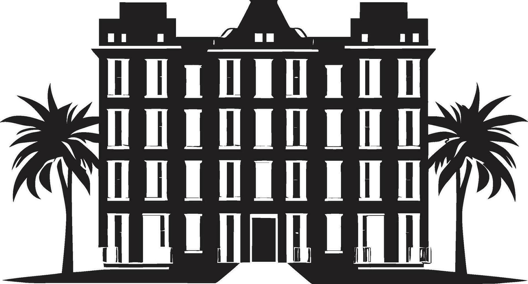 lyx stadsbild i svart lägenhet byggnad design svart logotyp herravälde ikoniska lägenhet komplex vektor