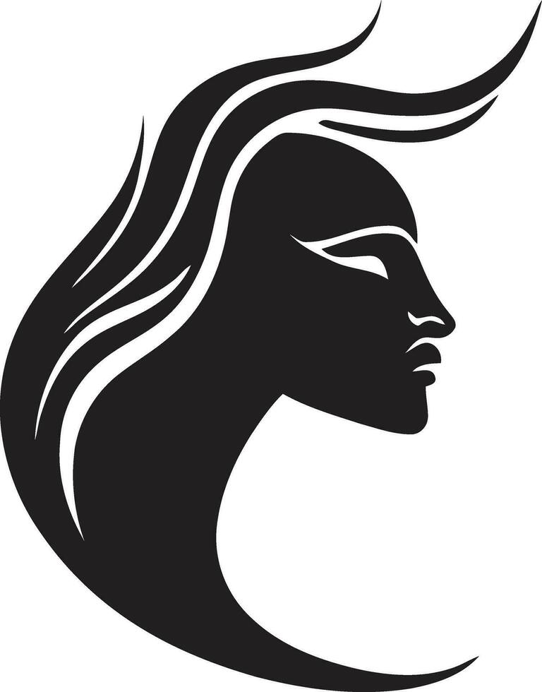 mysteriös Eleganz Emblem mit ein Frauen Gesicht feminin locken schwarz Logo mit Frauen Gesicht vektor