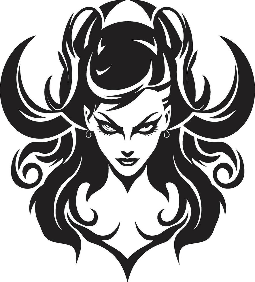 förförisk skönhet i svart djävulsk demon logotyp elegant utbrott ikoniska förtrollning med skön kvinna demon vektor
