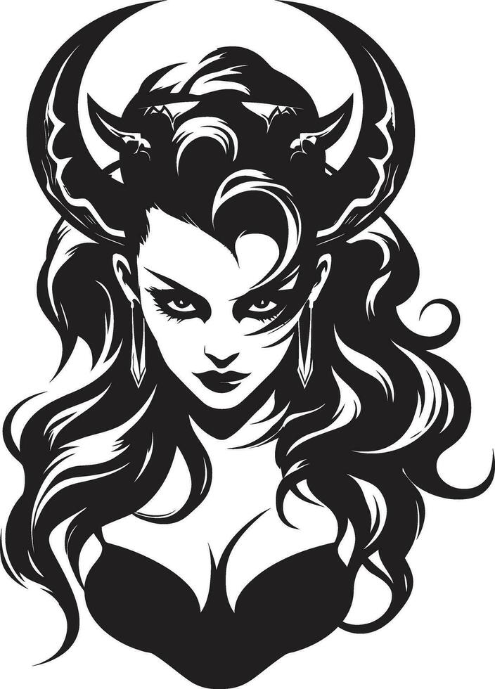 mystisch locken enthüllt teuflisch Charme im schwarz Vektor dunkel Verzauberung schwarz Logo mit ikonisch sündig Dämon