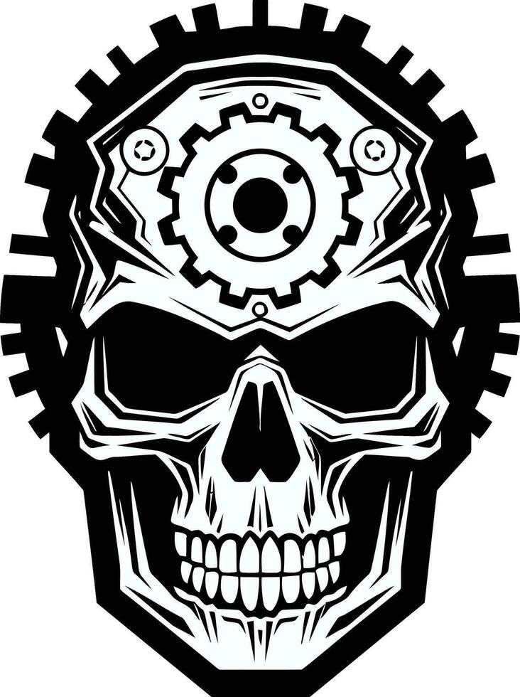 gotisch Maschine Symbol wo industriell trifft das Schatten monochromatisch Technik Schädel das Überschneidung von Getriebe und Drähte vektor