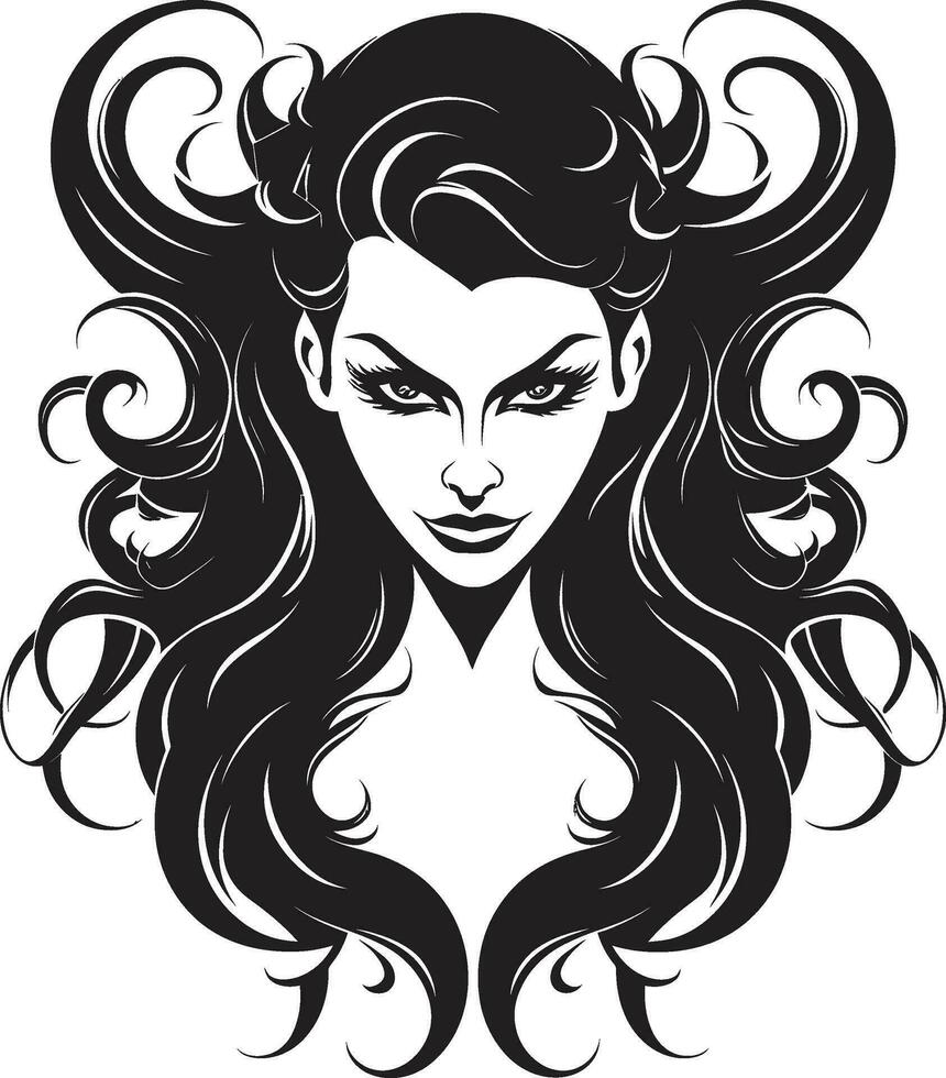 sinnlich locken schwarz Logo Design mit rätselhaft Dämon Symbol von Verführung schön weiblich Dämon im schwarz Vektor