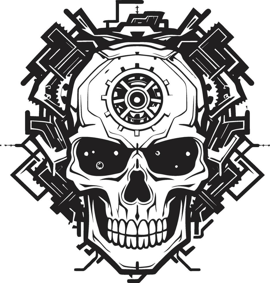 gotisch Maschine Symbol wo dunkel trifft industriell monochromatisch Technik Schädel das Union von Getriebe und Drähte vektor