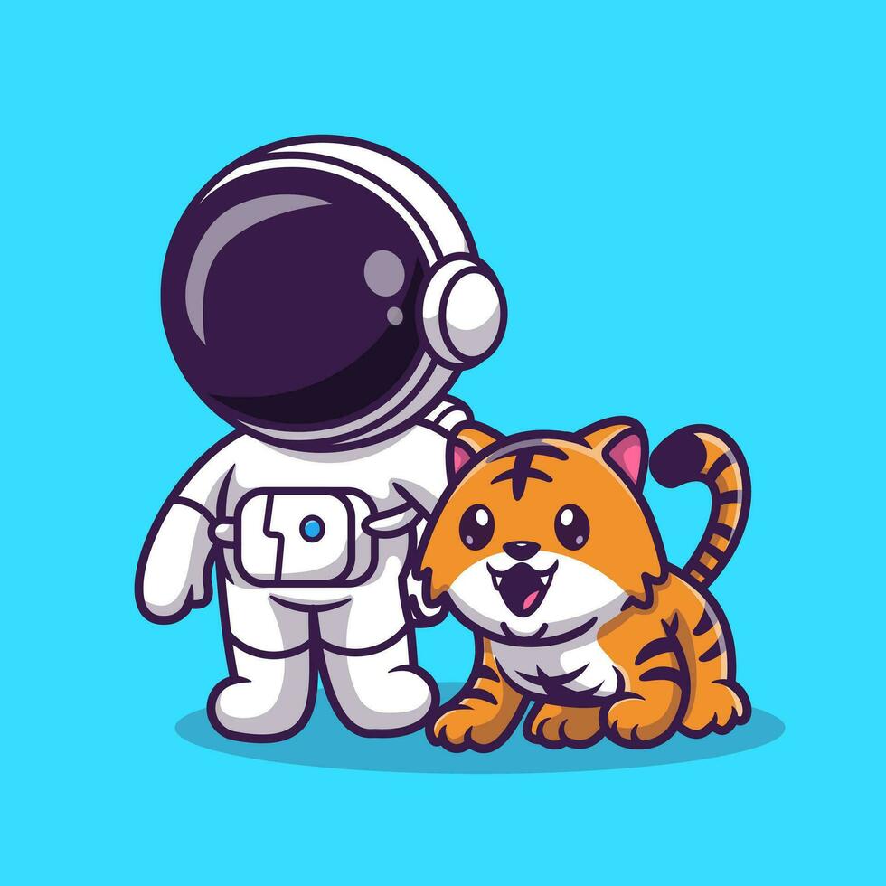 süß Astronaut mit süß Tiger Karikatur Vektor Symbol Illustration. Tier Wissenschaft Symbol Konzept isoliert Prämie Vektor. eben Karikatur Stil