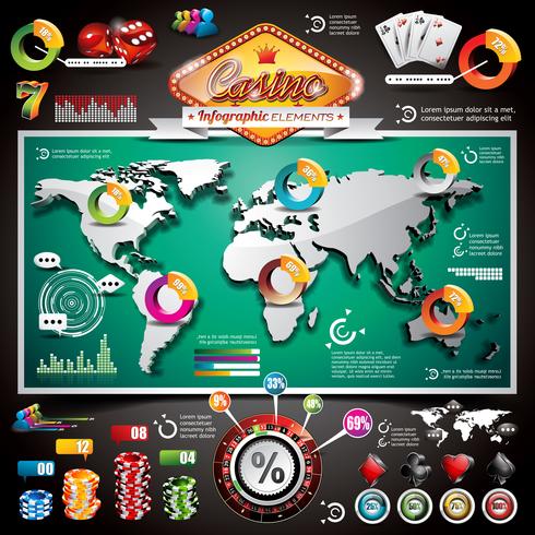 Infographic Satz des Vektor-Kasinos mit Weltkarte und spielenden Elementen. vektor