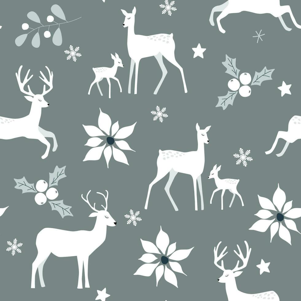 nahtlos Muster mit Silhouetten von Hirsch auf das Hintergrund von Winter Beeren, Blumen, Schneeflocken. Vektor abstrakt Grafik.