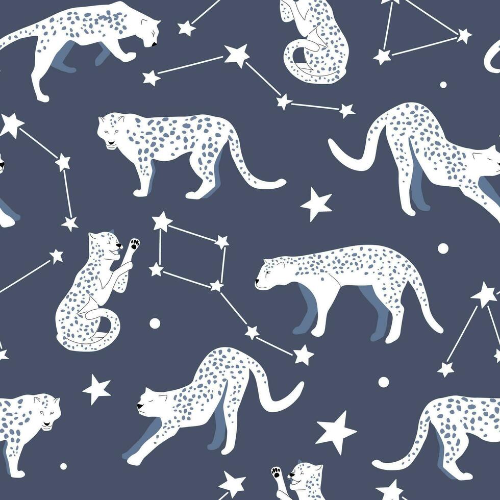 nahtlos Muster mit wild Katzen gegen das Hintergrund von das sternenklar Himmel. Fantasie Leoparden im Raum. abstrakt Vektor Grafik.