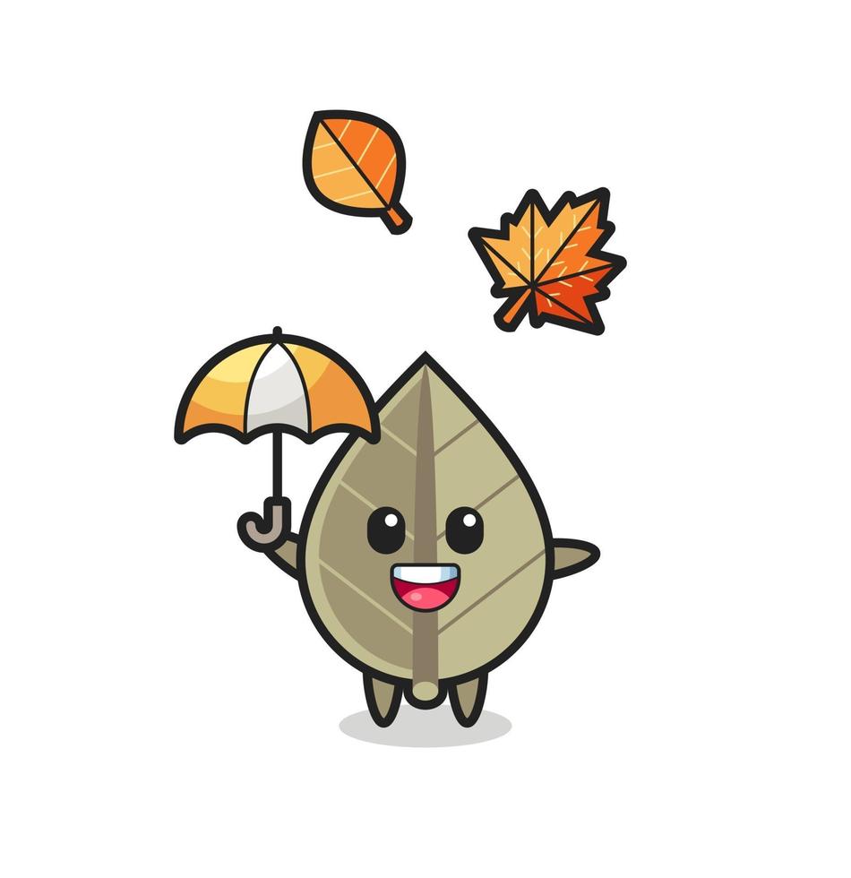 tecknad film av det söta torkade lövet som håller ett paraply på hösten vektor