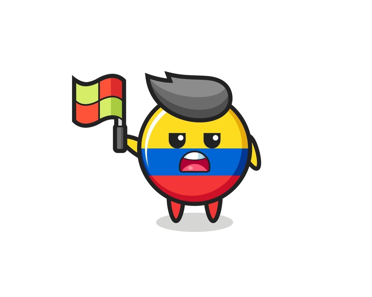 Kolumbien-Flagge-Abzeichen-Charakter als Linienrichter, der die Flagge aufstellt vektor
