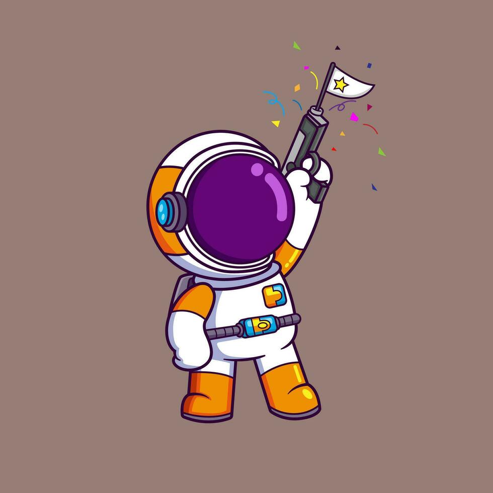süß Astronaut halten ein Spielzeug Gewehr mit ein Knall Flagge Karikatur Charakter vektor