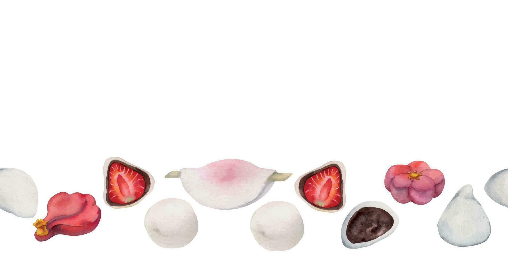 Aquarell Hand gezeichnet traditionell japanisch Süßigkeiten. nahtlos Banner mit Winter wagashi Kamelie. isoliert auf Weiß Hintergrund. Design zum Einladungen, Restaurant Speisekarte, Gruß Karten, drucken, Textil- vektor