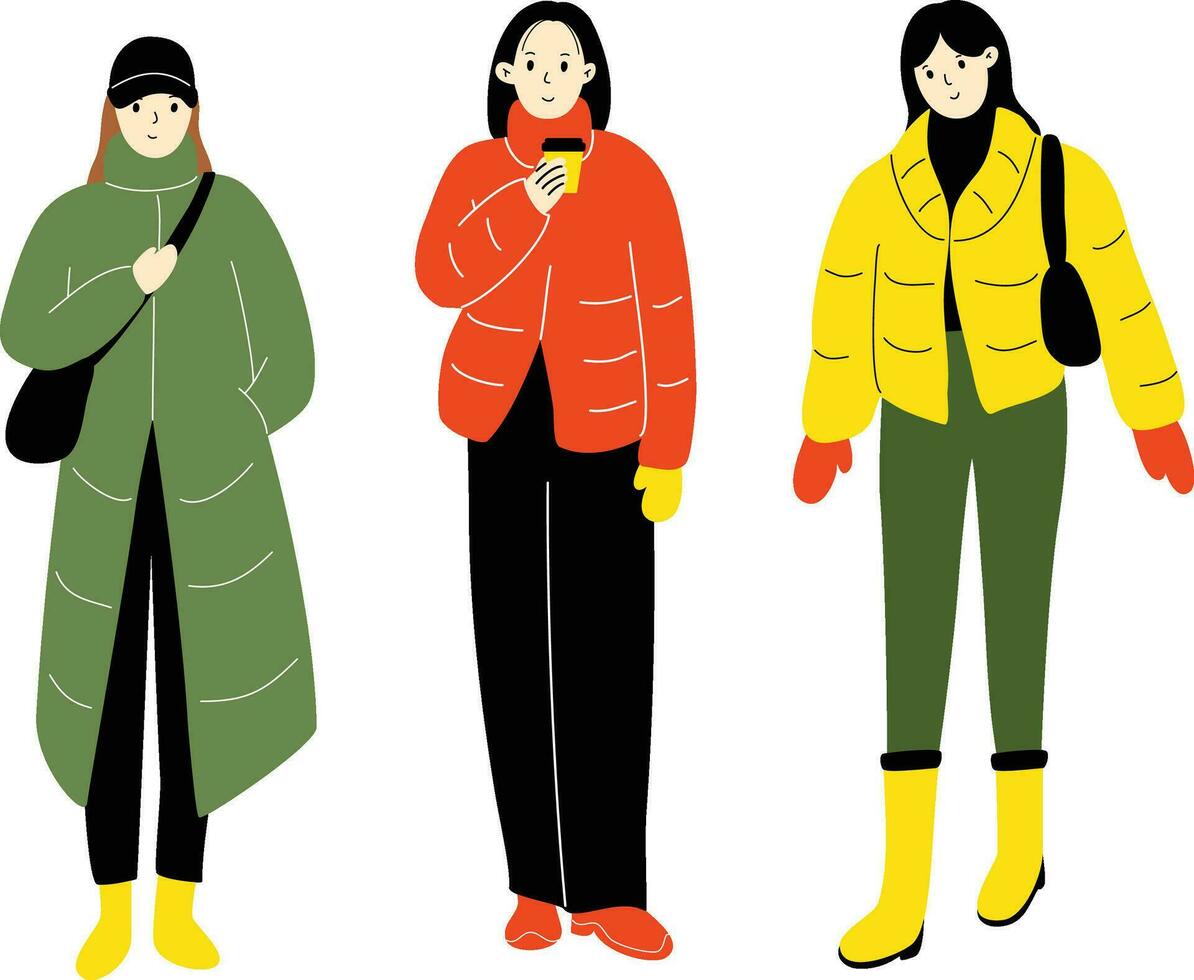 vielfältig Gruppe von modern Frauen tragen modisch Winter Kleidung. beiläufig stilvoll Stadt Straße Stil Mode Outfits. Hand gezeichnet Zeichen bunt Vektor Illustration.