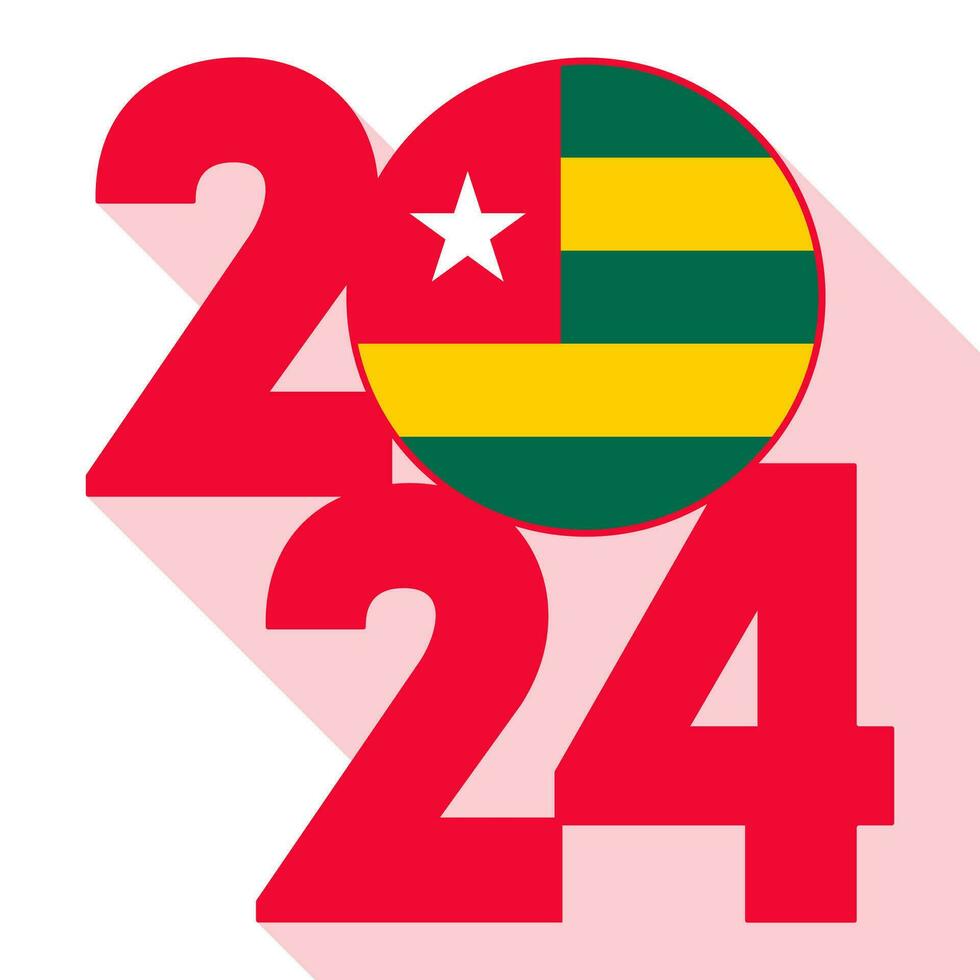 Lycklig ny år 2024, lång skugga baner med Togo flagga inuti. vektor illustration.