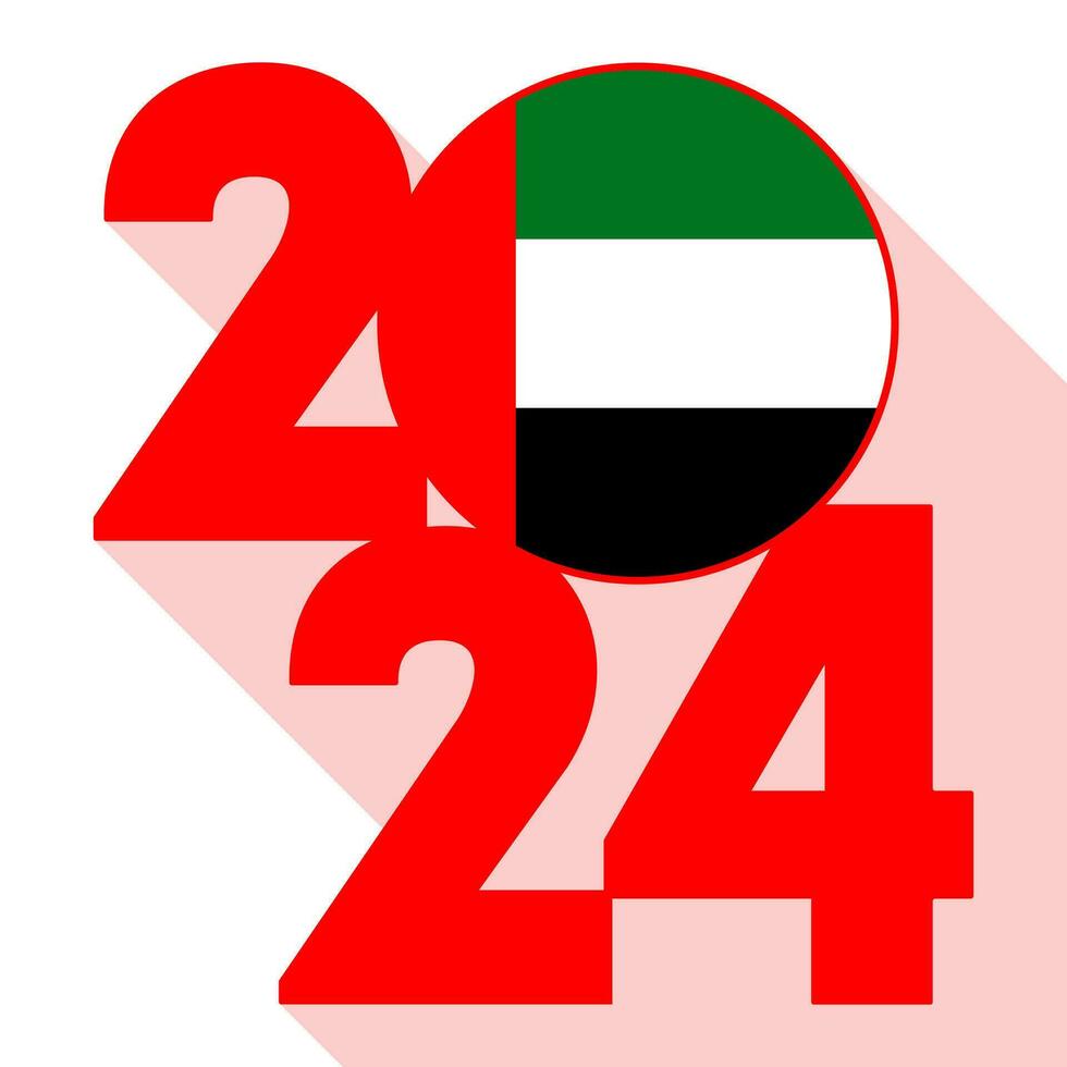 Lycklig ny år 2024, lång skugga baner med förenad arab emirates flagga inuti. vektor illustration.