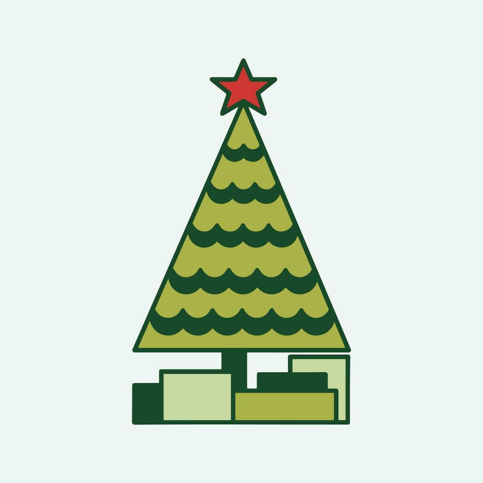 jul träd, tallar för hälsning kort, inbjudan, baner, webb. ny år och xmas traditionell symbol träd med girlander, ljus Glödlampa, stjärna. vinter- Semester. ikoner samling vektor