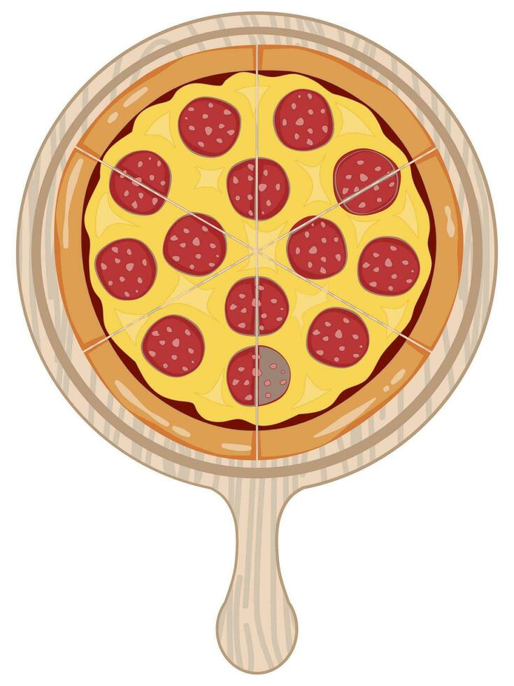 Peperoni ganze Pizza auf hölzern Tablett eben Design Vektor