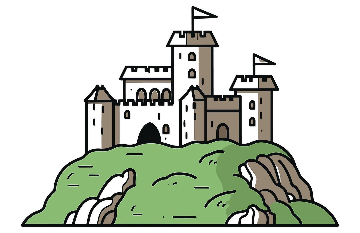 medeltida slott på en grön kulle. befäst medeltida fäste eller en kulle fästning. vektor