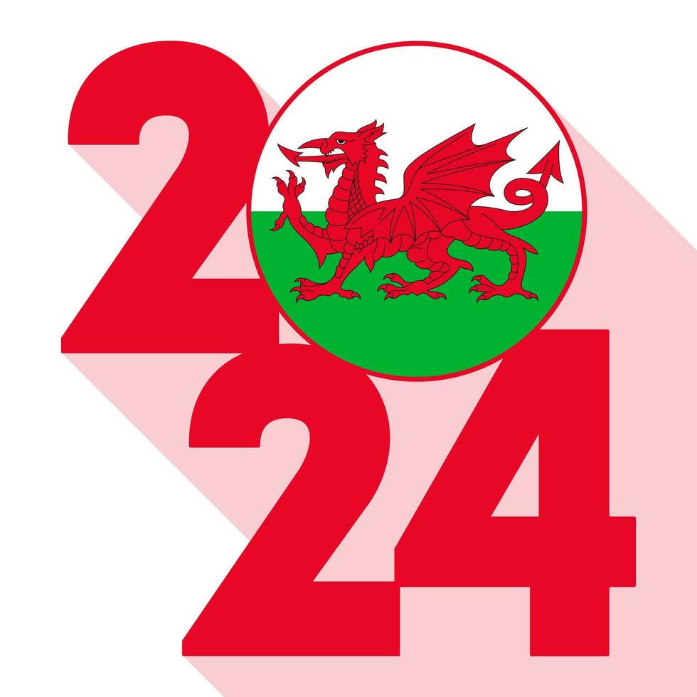 Lycklig ny år 2024, lång skugga baner med wales flagga inuti. vektor illustration.